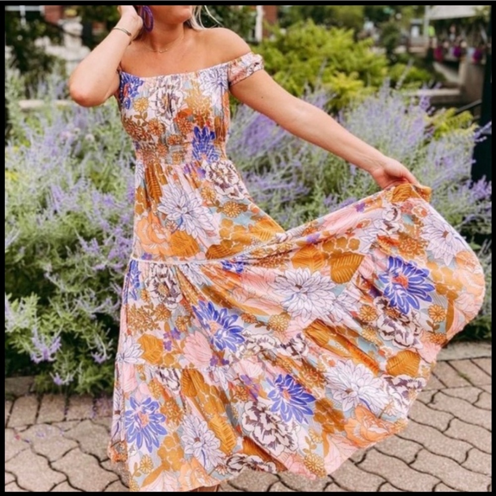 LBLC the Label Orange and Purple Off-Shoulder Maxi Dress